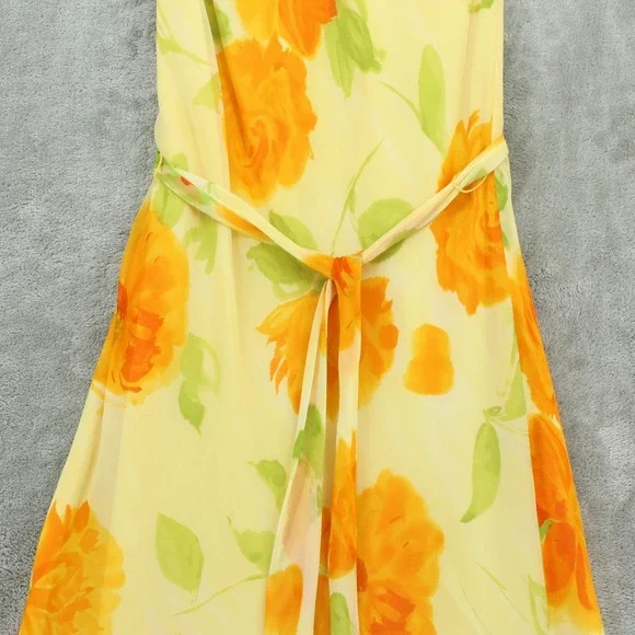Vintage Mica Dress Women 4 Silk Floral Belted Chiffon Bias Cut 90s Midi Yellow - Picture 5 of 12